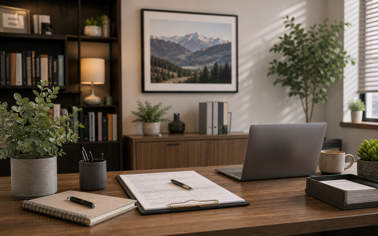 Professional behavioral health evaluation desk with organized assessment materials
